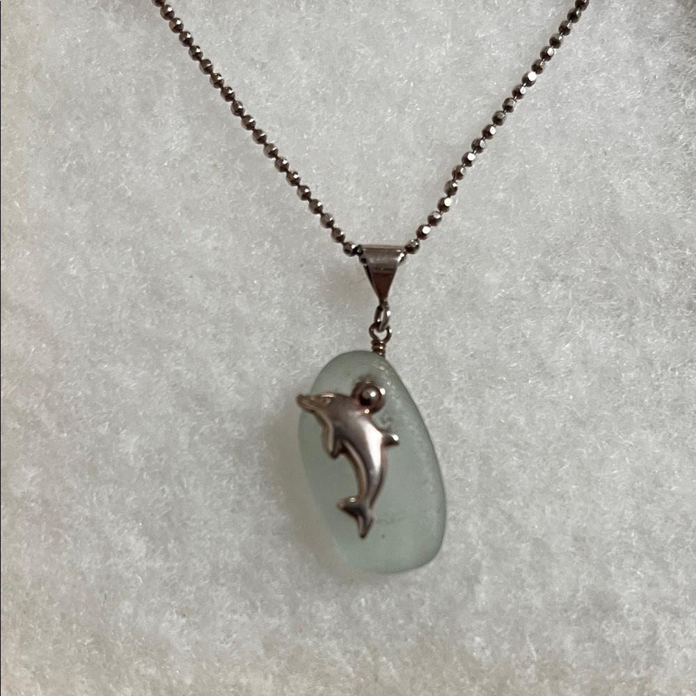 Sea Glass Dolphin Pendant Necklace - Light Aqua with Silver Accent